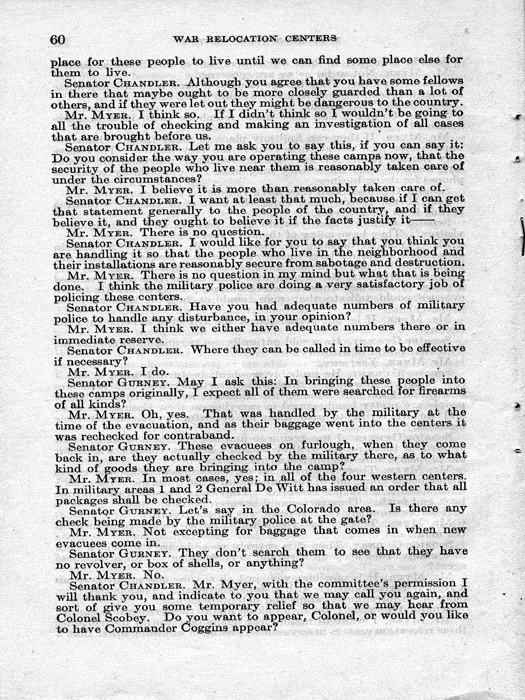 Senate Document, War Relocation Centers: Hearings Before a Subcommittee of the Committee on Military Affairs, United States Senate…, 1943, documenting hearings that occurred on January 20, 27, and 28, 1943. Papers of Dillon S. Myer. 