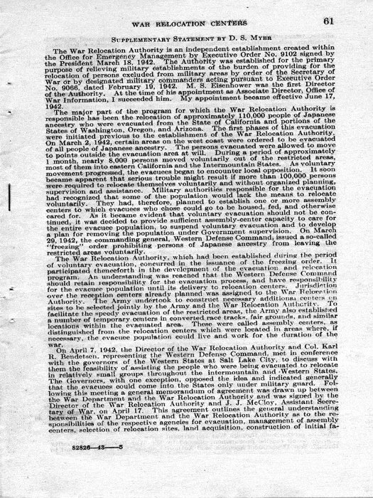 Senate Document, War Relocation Centers: Hearings Before a Subcommittee of the Committee on Military Affairs, United States Senate…, 1943, documenting hearings that occurred on January 20, 27, and 28, 1943. Papers of Dillon S. Myer. 