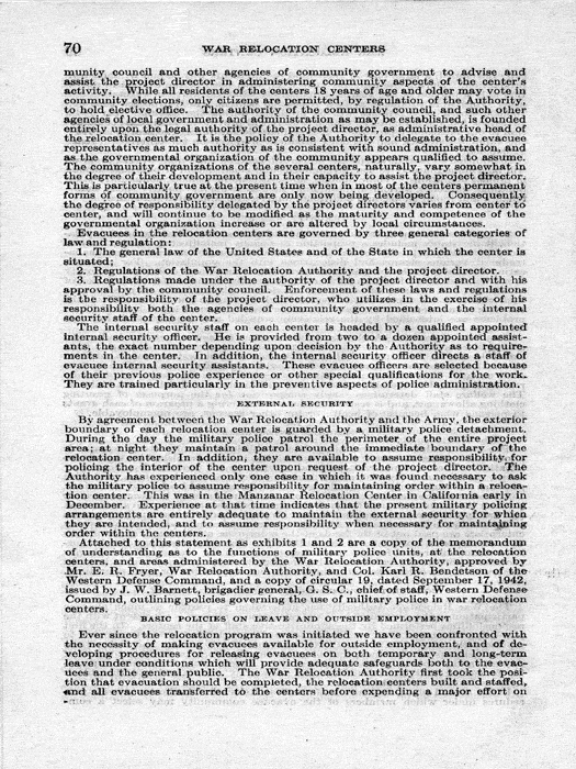 Senate Document, War Relocation Centers: Hearings Before a Subcommittee of the Committee on Military Affairs, United States Senate…, 1943, documenting hearings that occurred on January 20, 27, and 28, 1943. Papers of Dillon S. Myer. 