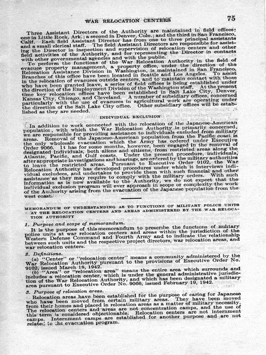 Senate Document, War Relocation Centers: Hearings Before a Subcommittee of the Committee on Military Affairs, United States Senate…, 1943, documenting hearings that occurred on January 20, 27, and 28, 1943. Papers of Dillon S. Myer. 