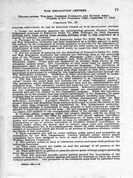 Senate Document, War Relocation Centers: Hearings Before a Subcommittee of the Committee on Military Affairs, United States Senate…, 1943, documenting hearings that occurred on January 20, 27, and 28, 1943. Papers of Dillon S. Myer. 