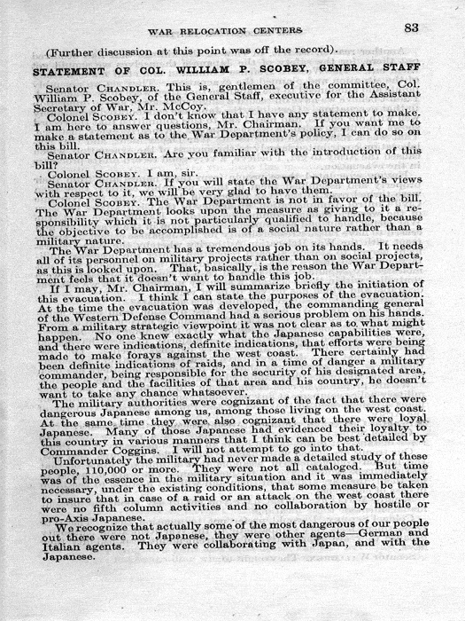 Senate Document, War Relocation Centers: Hearings Before a Subcommittee of the Committee on Military Affairs, United States Senate..., 1943, documenting hearings that occurred on January 20, 27, and 28, 1943. Papers of Dillon S. Myer. 