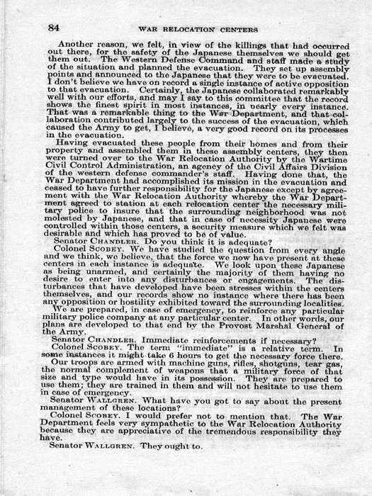 Senate Document, War Relocation Centers: Hearings Before a Subcommittee of the Committee on Military Affairs, United States Senate…, 1943, documenting hearings that occurred on January 20, 27, and 28, 1943. Papers of Dillon S. Myer. 