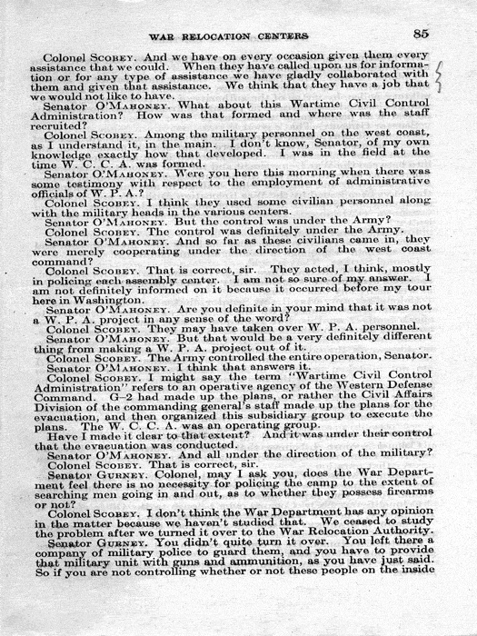 Senate Document, War Relocation Centers: Hearings Before a Subcommittee of the Committee on Military Affairs, United States Senate…, 1943, documenting hearings that occurred on January 20, 27, and 28, 1943. Papers of Dillon S. Myer. 