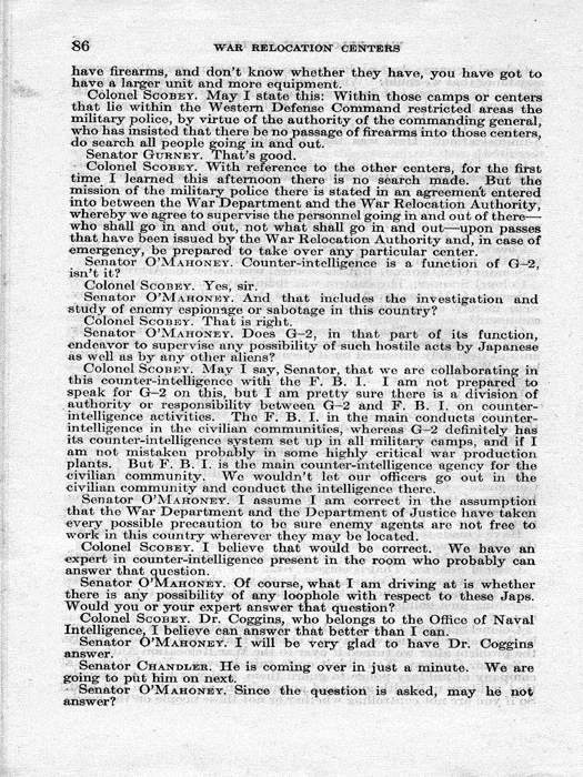 Senate Document, War Relocation Centers: Hearings Before a Subcommittee of the Committee on Military Affairs, United States Senate…, 1943, documenting hearings that occurred on January 20, 27, and 28, 1943. Papers of Dillon S. Myer. 