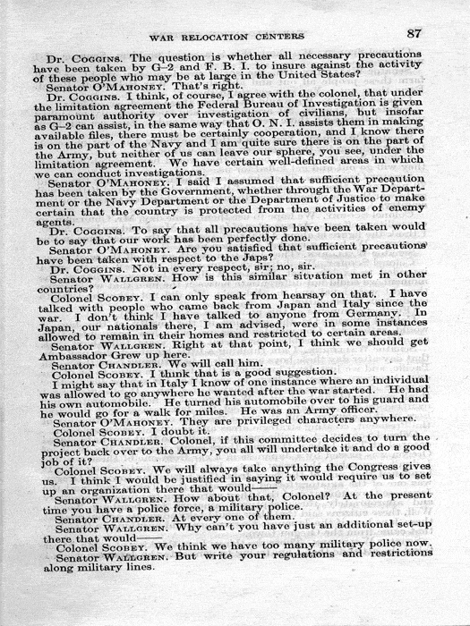 Senate Document, War Relocation Centers: Hearings Before a Subcommittee of the Committee on Military Affairs, United States Senate…, 1943, documenting hearings that occurred on January 20, 27, and 28, 1943. Papers of Dillon S. Myer. 