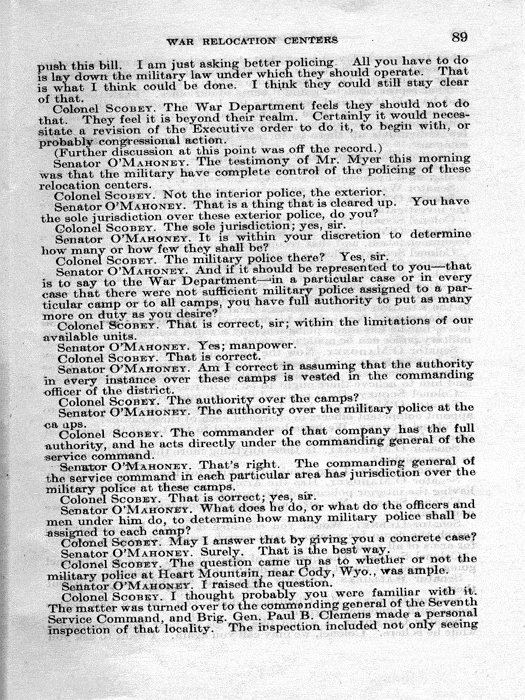 Senate Document, War Relocation Centers: Hearings Before a Subcommittee of the Committee on Military Affairs, United States Senate…, 1943, documenting hearings that occurred on January 20, 27, and 28, 1943. Papers of Dillon S. Myer. 