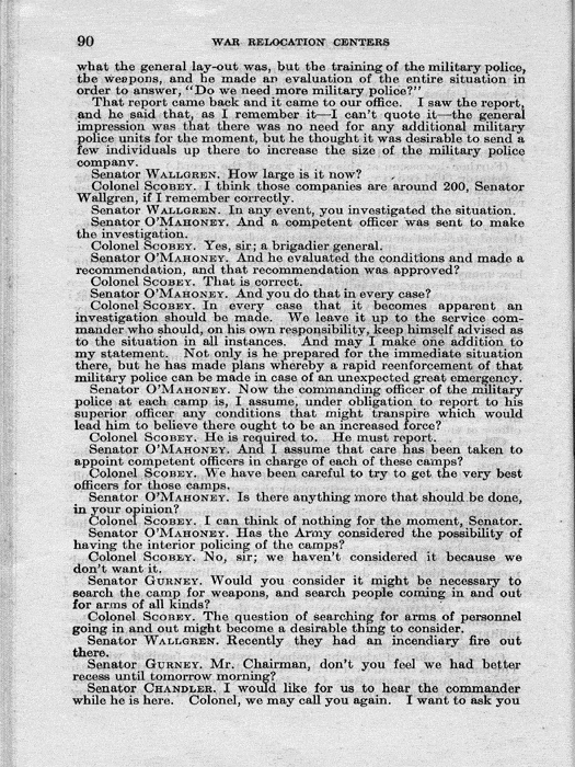 Senate Document, War Relocation Centers: Hearings Before a Subcommittee of the Committee on Military Affairs, United States Senate…, 1943, documenting hearings that occurred on January 20, 27, and 28, 1943. Papers of Dillon S. Myer. 