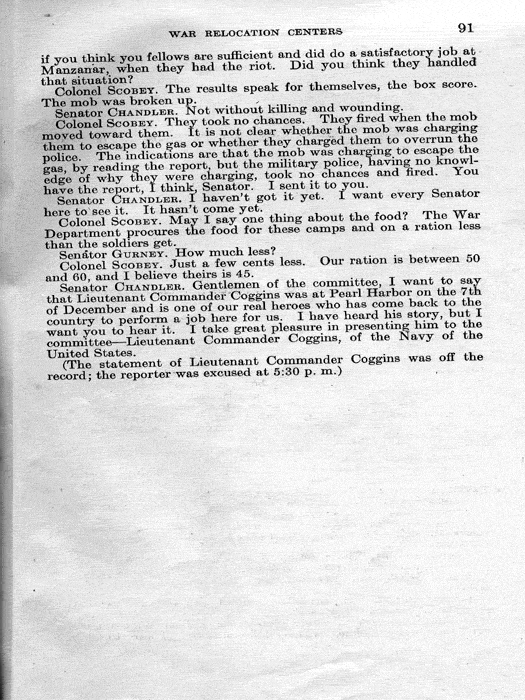 Senate Document, War Relocation Centers: Hearings Before a Subcommittee of the Committee on Military Affairs, United States Senate…, 1943, documenting hearings that occurred on January 20, 27, and 28, 1943. Papers of Dillon S. Myer. 