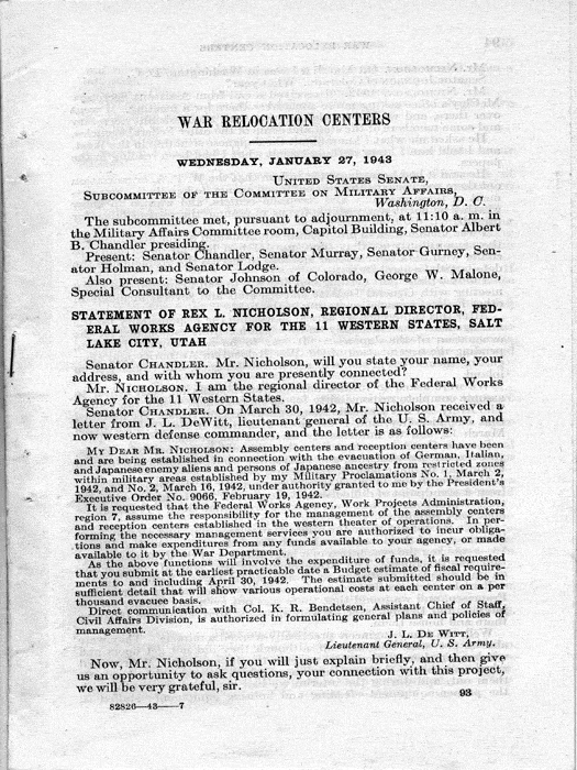 Senate Document, War Relocation Centers: Hearings Before a Subcommittee of the Committee on Military Affairs, United States Senate…, 1943, documenting hearings that occurred on January 20, 27, and 28, 1943. Papers of Dillon S. Myer. 