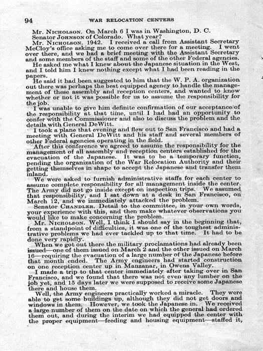 Senate Document, War Relocation Centers: Hearings Before a Subcommittee of the Committee on Military Affairs, United States Senate…, 1943, documenting hearings that occurred on January 20, 27, and 28, 1943. Papers of Dillon S. Myer. 