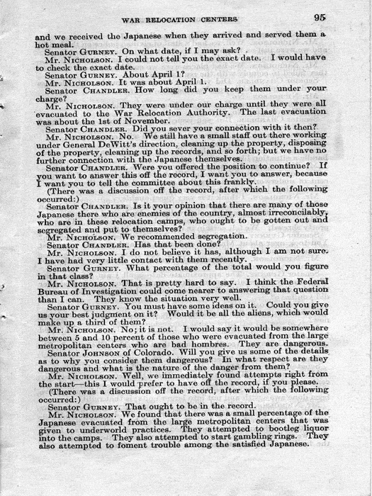 Senate Document, War Relocation Centers: Hearings Before a Subcommittee of the Committee on Military Affairs, United States Senate…, 1943, documenting hearings that occurred on January 20, 27, and 28, 1943. Papers of Dillon S. Myer. 