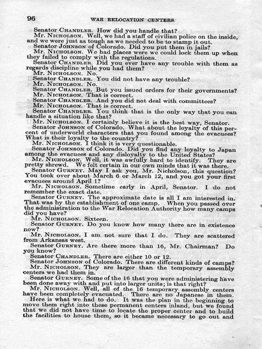 Senate Document, War Relocation Centers: Hearings Before a Subcommittee of the Committee on Military Affairs, United States Senate…, 1943, documenting hearings that occurred on January 20, 27, and 28, 1943. Papers of Dillon S. Myer. 