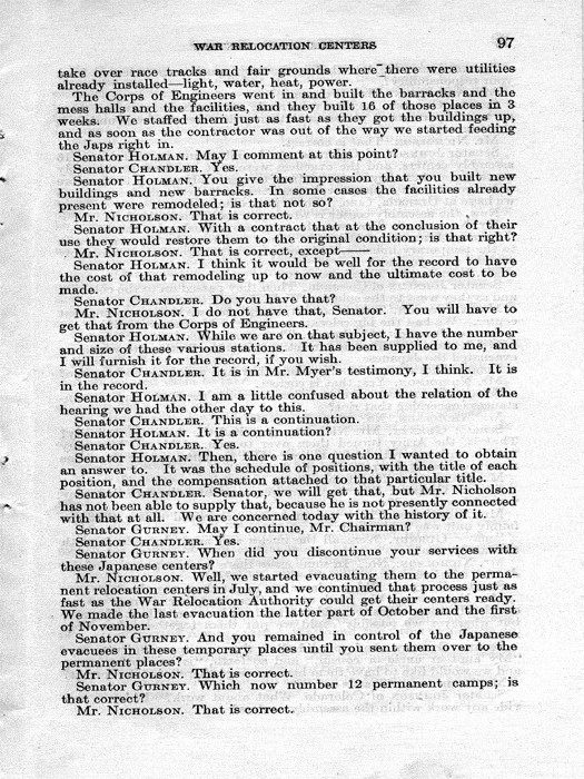 Senate Document, War Relocation Centers: Hearings Before a Subcommittee of the Committee on Military Affairs, United States Senate…, 1943, documenting hearings that occurred on January 20, 27, and 28, 1943. Papers of Dillon S. Myer. 