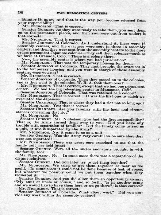 Senate Document, War Relocation Centers: Hearings Before a Subcommittee of the Committee on Military Affairs, United States Senate…, 1943, documenting hearings that occurred on January 20, 27, and 28, 1943. Papers of Dillon S. Myer. 