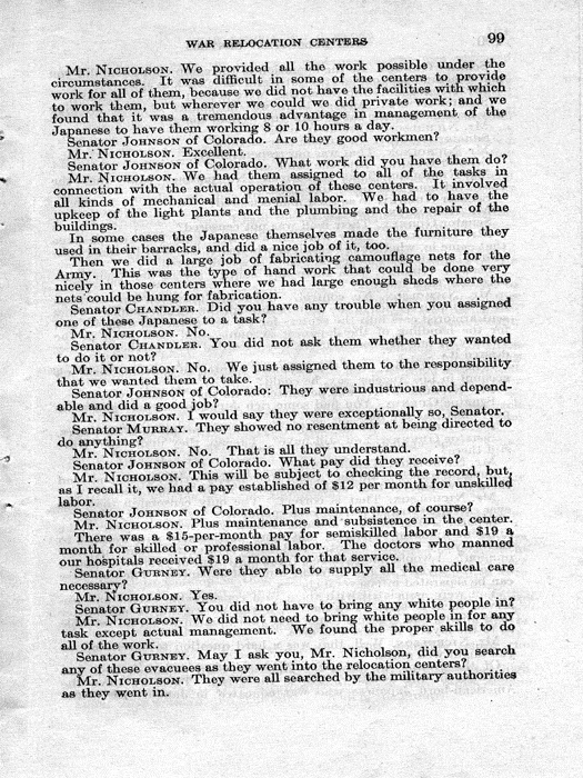 Senate Document, War Relocation Centers: Hearings Before a Subcommittee of the Committee on Military Affairs, United States Senate…, 1943, documenting hearings that occurred on January 20, 27, and 28, 1943. Papers of Dillon S. Myer. 