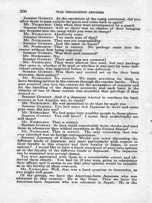 Senate Document, War Relocation Centers: Hearings Before a Subcommittee of the Committee on Military Affairs, United States Senate…, 1943, documenting hearings that occurred on January 20, 27, and 28, 1943. Papers of Dillon S. Myer. 