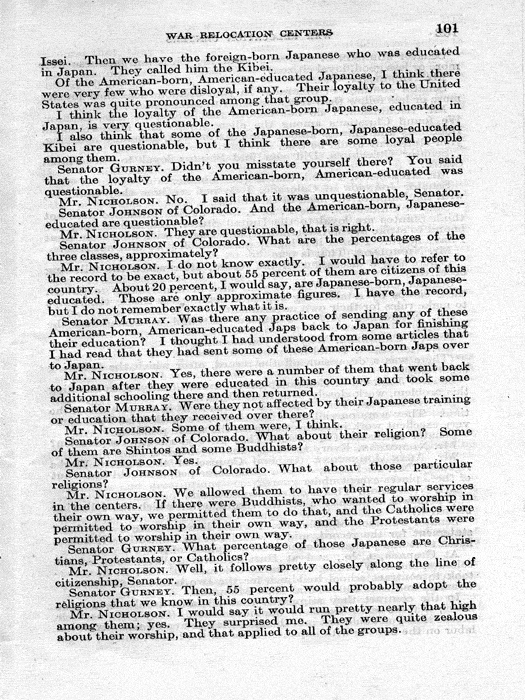 Senate Document, War Relocation Centers: Hearings Before a Subcommittee of the Committee on Military Affairs, United States Senate…, 1943, documenting hearings that occurred on January 20, 27, and 28, 1943. Papers of Dillon S. Myer. 