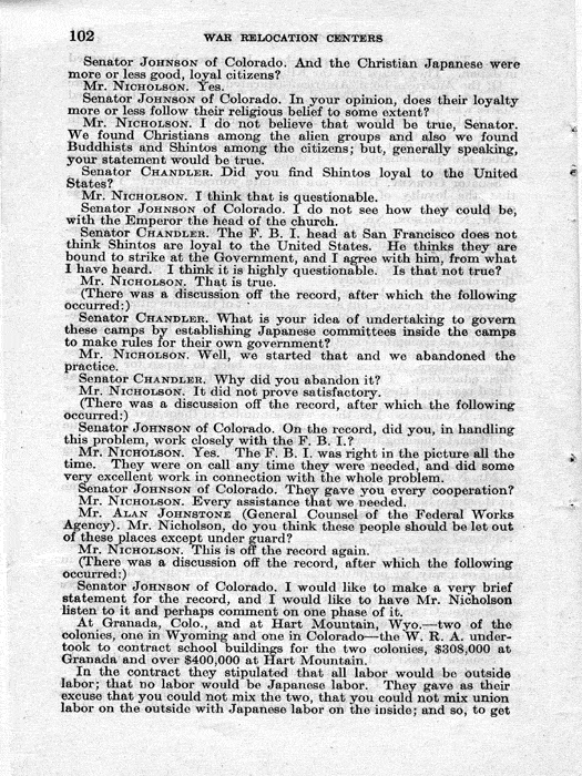 Senate Document, War Relocation Centers: Hearings Before a Subcommittee of the Committee on Military Affairs, United States Senate…, 1943, documenting hearings that occurred on January 20, 27, and 28, 1943. Papers of Dillon S. Myer. 