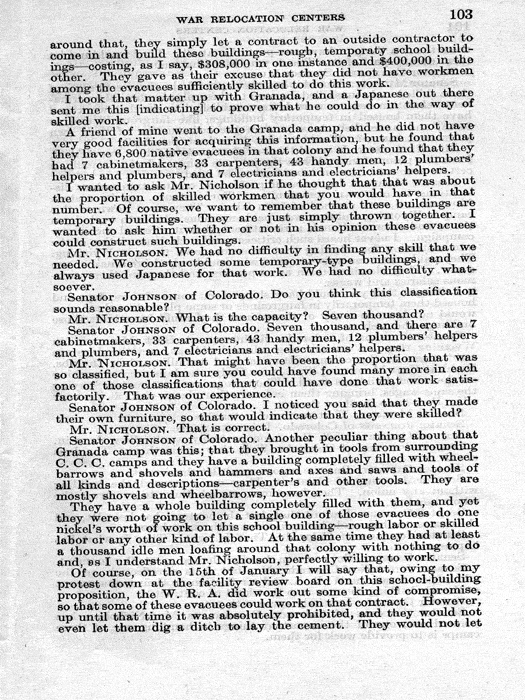 Senate Document, War Relocation Centers: Hearings Before a Subcommittee of the Committee on Military Affairs, United States Senate…, 1943, documenting hearings that occurred on January 20, 27, and 28, 1943. Papers of Dillon S. Myer. 