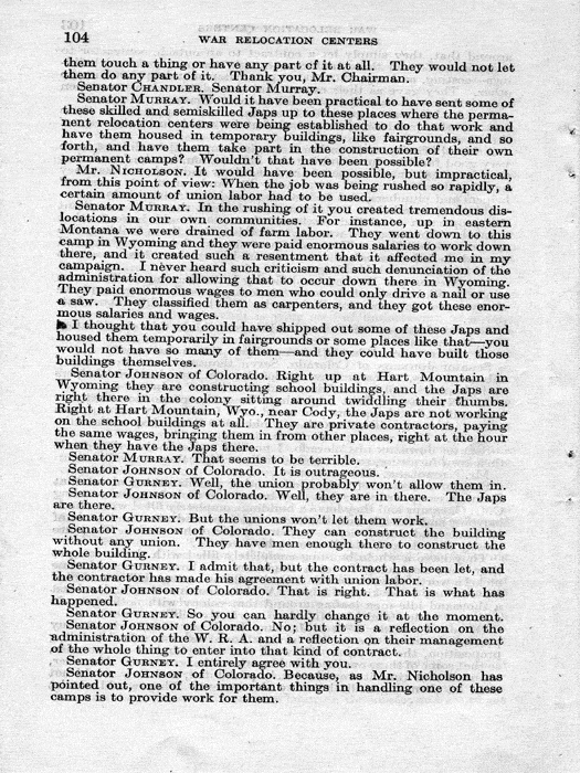 Senate Document, War Relocation Centers: Hearings Before a Subcommittee of the Committee on Military Affairs, United States Senate…, 1943, documenting hearings that occurred on January 20, 27, and 28, 1943. Papers of Dillon S. Myer. 