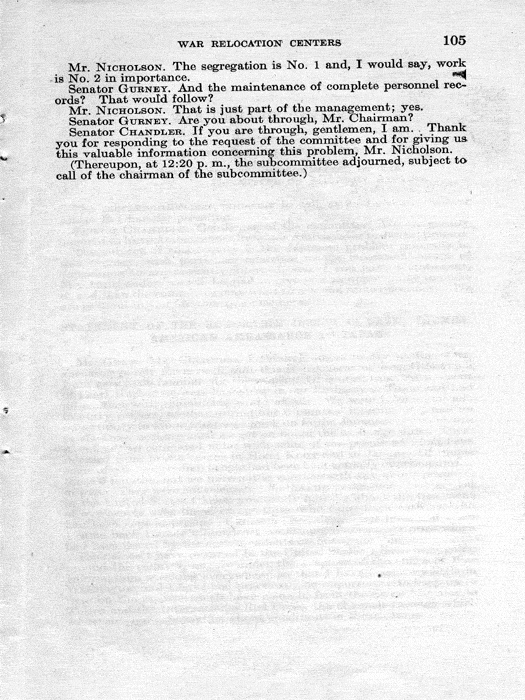 Senate Document, War Relocation Centers: Hearings Before a Subcommittee of the Committee on Military Affairs, United States Senate…, 1943, documenting hearings that occurred on January 20, 27, and 28, 1943. Papers of Dillon S. Myer. 