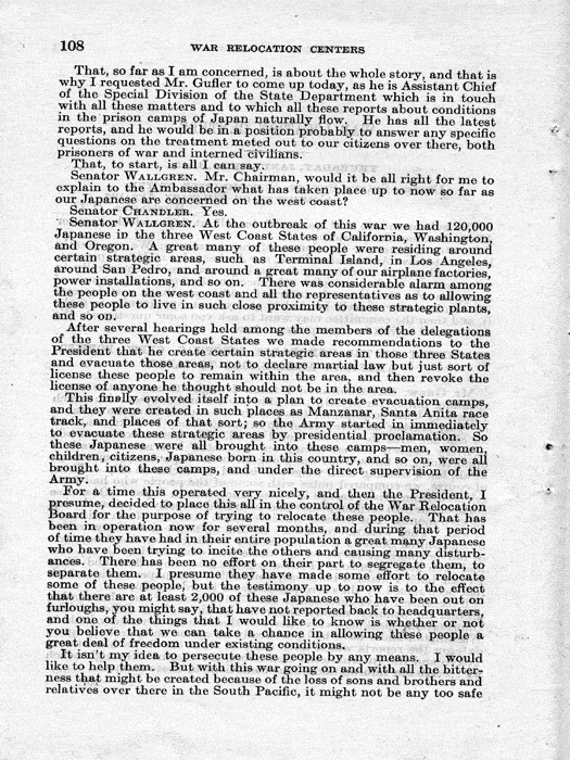 Senate Document, War Relocation Centers: Hearings Before a Subcommittee of the Committee on Military Affairs, United States Senate…, 1943, documenting hearings that occurred on January 20, 27, and 28, 1943. Papers of Dillon S. Myer. 