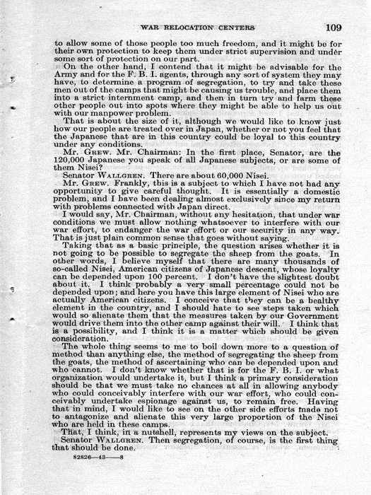 Senate Document, War Relocation Centers: Hearings Before a Subcommittee of the Committee on Military Affairs, United States Senate…, 1943, documenting hearings that occurred on January 20, 27, and 28, 1943. Papers of Dillon S. Myer. 