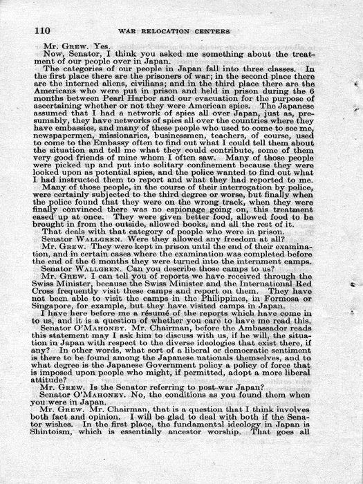 Senate Document, War Relocation Centers: Hearings Before a Subcommittee of the Committee on Military Affairs, United States Senate…, 1943, documenting hearings that occurred on January 20, 27, and 28, 1943. Papers of Dillon S. Myer. 