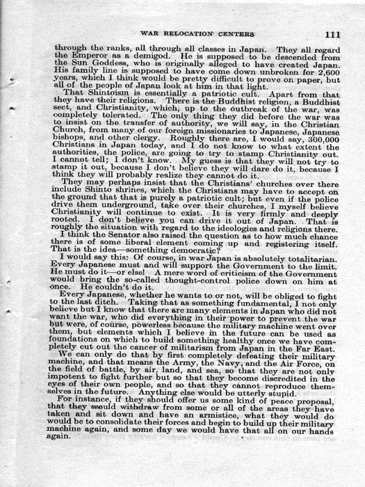 Senate Document, War Relocation Centers: Hearings Before a Subcommittee of the Committee on Military Affairs, United States Senate…, 1943, documenting hearings that occurred on January 20, 27, and 28, 1943. Papers of Dillon S. Myer. 