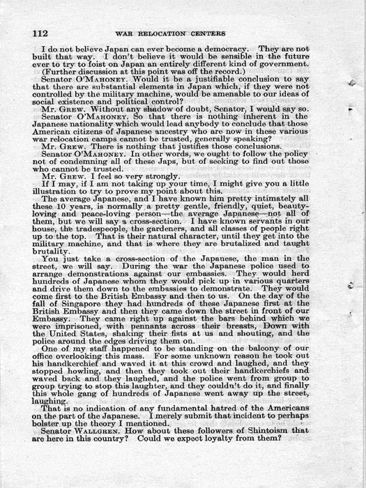 Senate Document, War Relocation Centers: Hearings Before a Subcommittee of the Committee on Military Affairs, United States Senate…, 1943, documenting hearings that occurred on January 20, 27, and 28, 1943. Papers of Dillon S. Myer. 