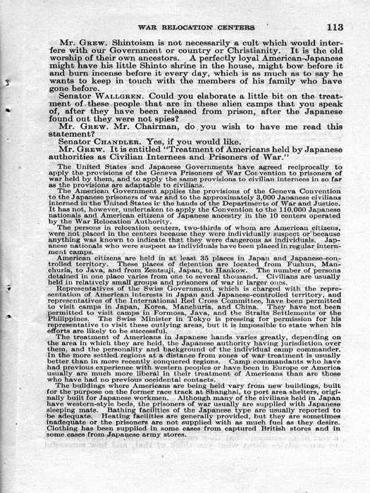 Senate Document, War Relocation Centers: Hearings Before a Subcommittee of the Committee on Military Affairs, United States Senate…, 1943, documenting hearings that occurred on January 20, 27, and 28, 1943. Papers of Dillon S. Myer. 