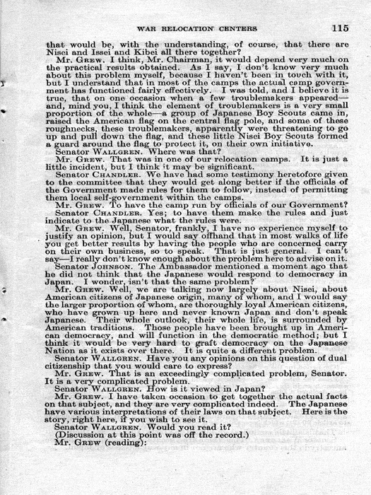 Senate Document, War Relocation Centers: Hearings Before a Subcommittee of the Committee on Military Affairs, United States Senate…, 1943, documenting hearings that occurred on January 20, 27, and 28, 1943. Papers of Dillon S. Myer. 