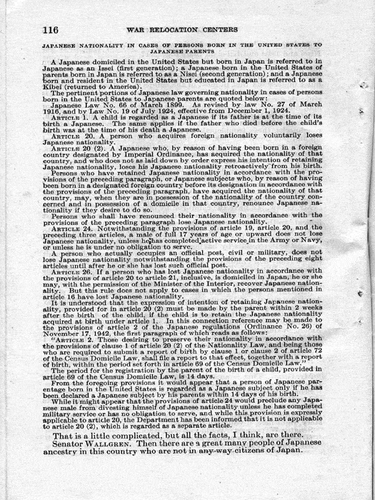 Senate Document, War Relocation Centers: Hearings Before a Subcommittee of the Committee on Military Affairs, United States Senate…, 1943, documenting hearings that occurred on January 20, 27, and 28, 1943. Papers of Dillon S. Myer. 