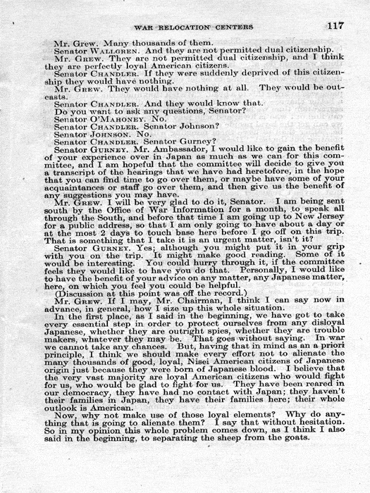 Senate Document, War Relocation Centers: Hearings Before a Subcommittee of the Committee on Military Affairs, United States Senate…, 1943, documenting hearings that occurred on January 20, 27, and 28, 1943. Papers of Dillon S. Myer. 