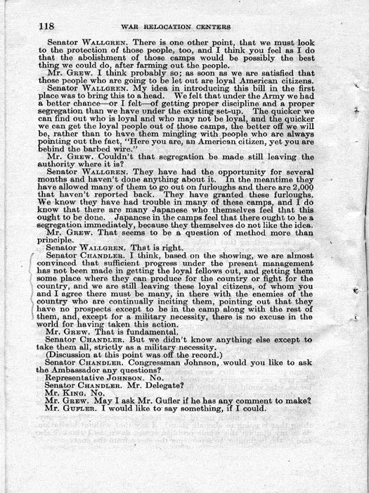 Senate Document, War Relocation Centers: Hearings Before a Subcommittee of the Committee on Military Affairs, United States Senate…, 1943, documenting hearings that occurred on January 20, 27, and 28, 1943. Papers of Dillon S. Myer. 