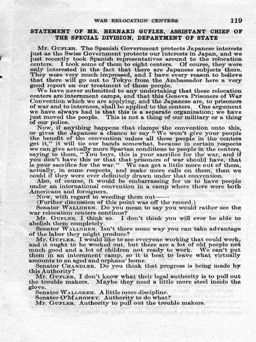 Senate Document, War Relocation Centers: Hearings Before a Subcommittee of the Committee on Military Affairs, United States Senate…, 1943, documenting hearings that occurred on January 20, 27, and 28, 1943. Papers of Dillon S. Myer. 