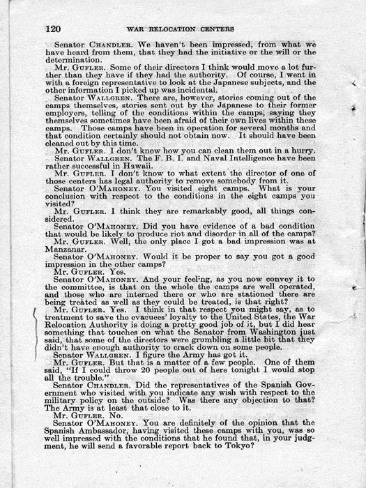 Senate Document, War Relocation Centers: Hearings Before a Subcommittee of the Committee on Military Affairs, United States Senate…, 1943, documenting hearings that occurred on January 20, 27, and 28, 1943. Papers of Dillon S. Myer. 