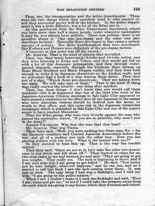 Senate Document, War Relocation Centers: Hearings Before a Subcommittee of the Committee on Military Affairs, United States Senate…, 1943, documenting hearings that occurred on January 20, 27, and 28, 1943. Papers of Dillon S. Myer. 