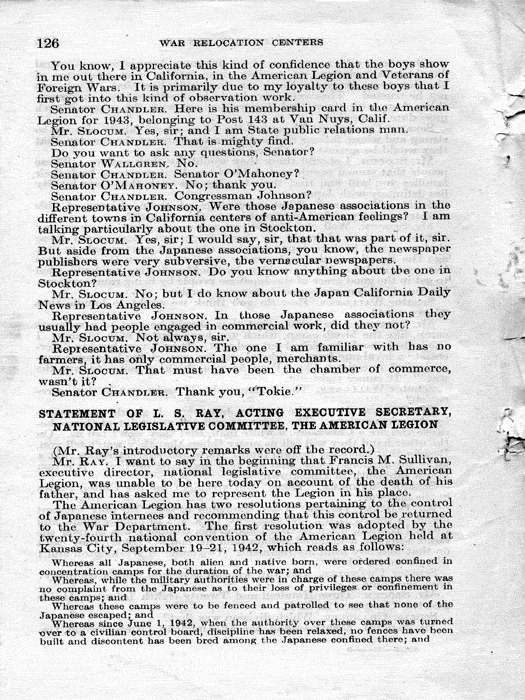 Senate Document, War Relocation Centers: Hearings Before a Subcommittee of the Committee on Military Affairs, United States Senate…, 1943, documenting hearings that occurred on January 20, 27, and 28, 1943. Papers of Dillon S. Myer. 