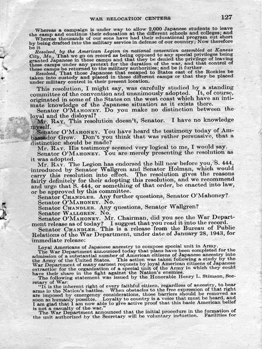 Senate Document, War Relocation Centers: Hearings Before a Subcommittee of the Committee on Military Affairs, United States Senate…, 1943, documenting hearings that occurred on January 20, 27, and 28, 1943. Papers of Dillon S. Myer. 