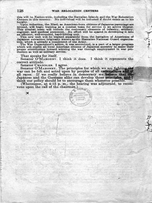 Senate Document, War Relocation Centers: Hearings Before a Subcommittee of the Committee on Military Affairs, United States Senate…, 1943, documenting hearings that occurred on January 20, 27, and 28, 1943. Papers of Dillon S. Myer. 