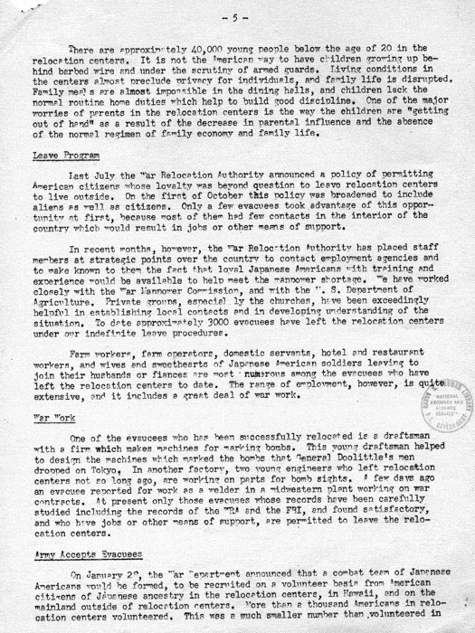 News release: Work of the War Relocation Authority, An Anniversary Statement by Dillon S. Myer, March 1943. Papers of Dillon S. Myer. 