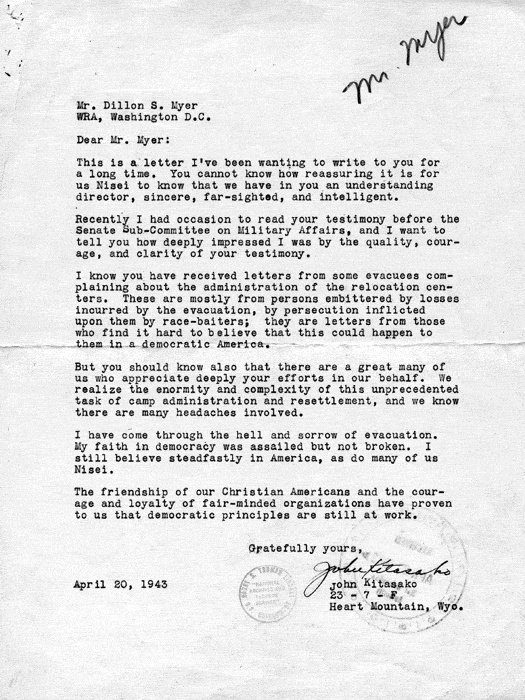 Letter, John Kitasako to Dillon S. Myer, April 20, 1943. Papers of Dillon S. Myer.