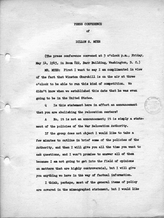 Transcript, press conference of Dillon S. Myer, Washington, DC, May 14, 1943. Papers of Dillon S. Myer.