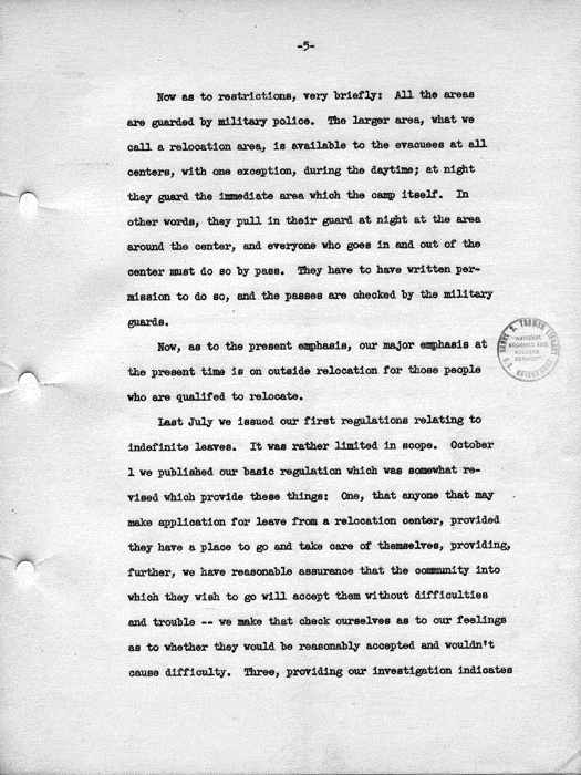 Transcript, press conference of Dillon S. Myer, Washington, DC, May 14, 1943. Papers of Dillon S. Myer.