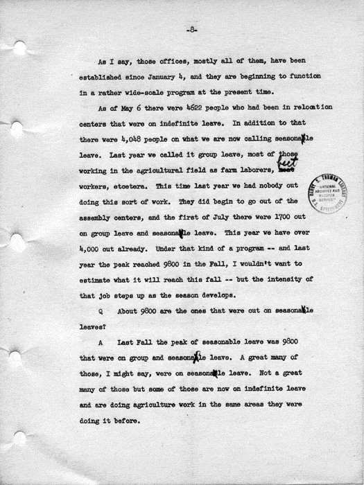 Transcript, press conference of Dillon S. Myer, Washington, DC, May 14, 1943. Papers of Dillon S. Myer.