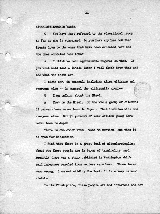 Transcript, press conference of Dillon S. Myer, Washington, DC, May 14, 1943. Papers of Dillon S. Myer.