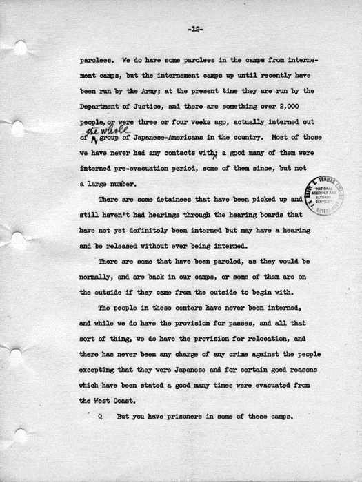 Transcript, press conference of Dillon S. Myer, Washington, DC, May 14, 1943. Papers of Dillon S. Myer.