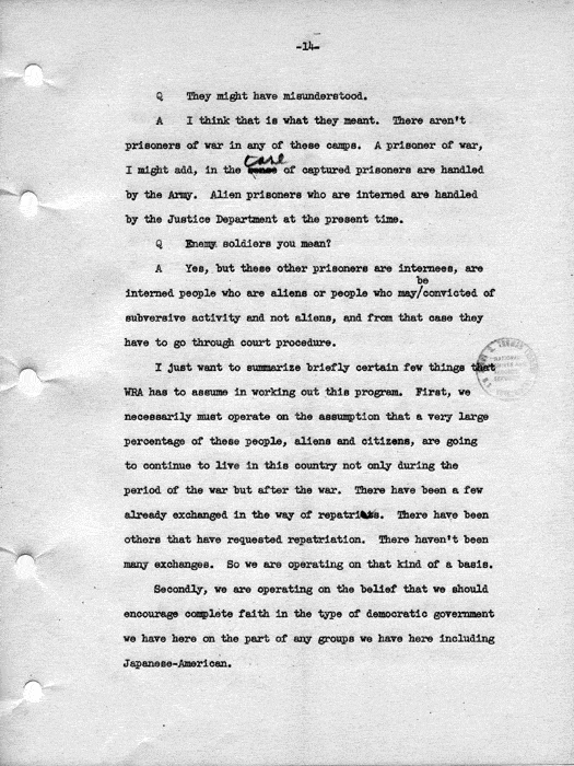 Transcript, press conference of Dillon S. Myer, Washington, DC, May 14, 1943. Papers of Dillon S. Myer.